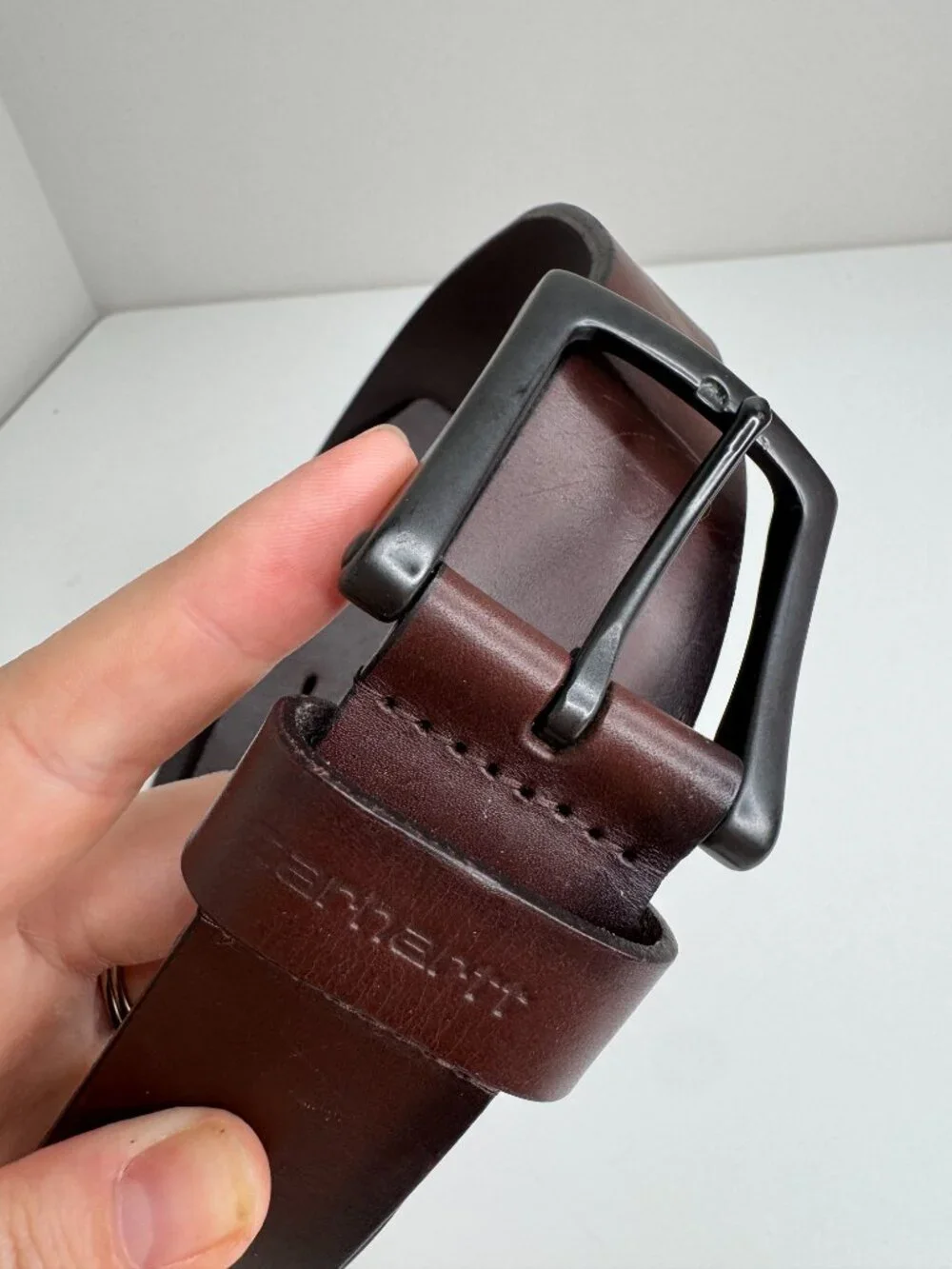 Carhartt Anvil Brown Leather Belt Gunemtal Grey Buckle Mens 35 Style 2203. A few